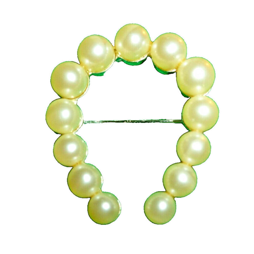 Vintage Faux Pearl Horseshoe Brooch Pin Silver Tone Equestrian Lucky Charm Cream